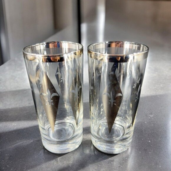 Dorothy Thorpe Silver Harlequin Diamond Fleur de Lis Glasses Highball Barware 4 - Picture 4 of 16